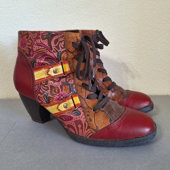 SOCOFY Booties Red Leather Flower Print Wearable Art Boots womens 8 - Picture 1 of 9